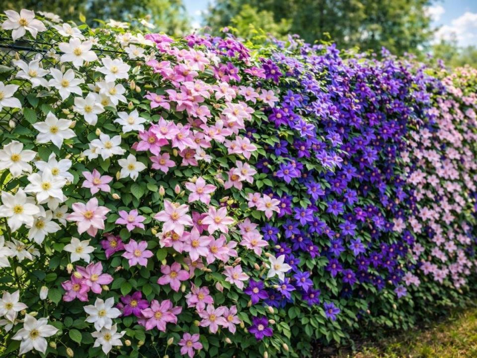 Забор-сетка превращается в живую стену: как клематис меняет участок