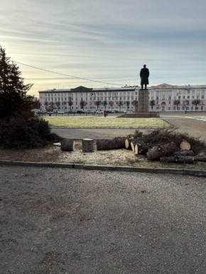 Пока между Монументом Воинской Славы и Вечным огнем коммунальные службы высаживают елки, на площади имени В.И. Ленина в Йошкар-Оле их спиливают