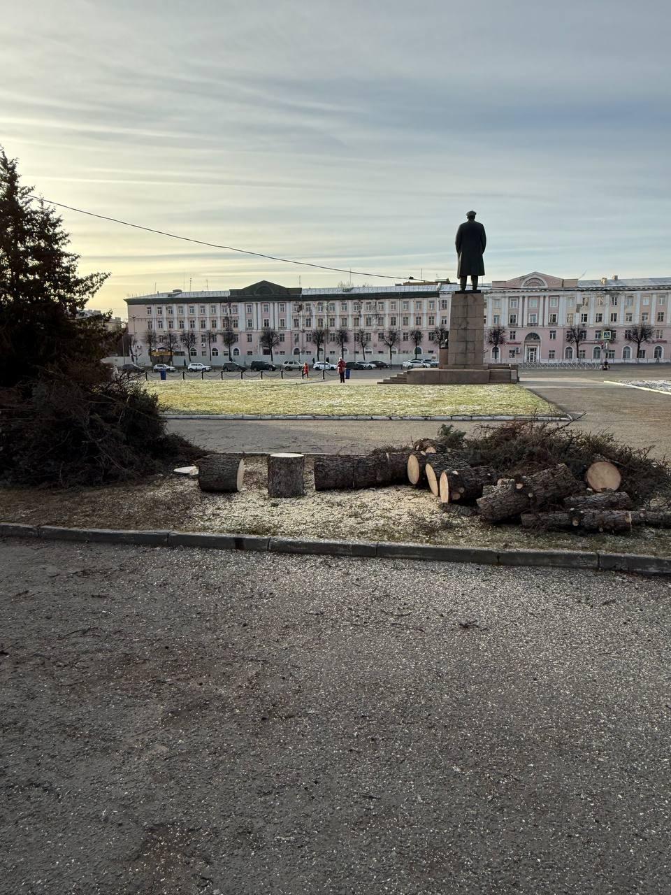 Пока между Монументом Воинской Славы и Вечным огнем коммунальные службы высаживают елки, на площади имени В.И. Ленина в Йошкар-Оле их спиливают