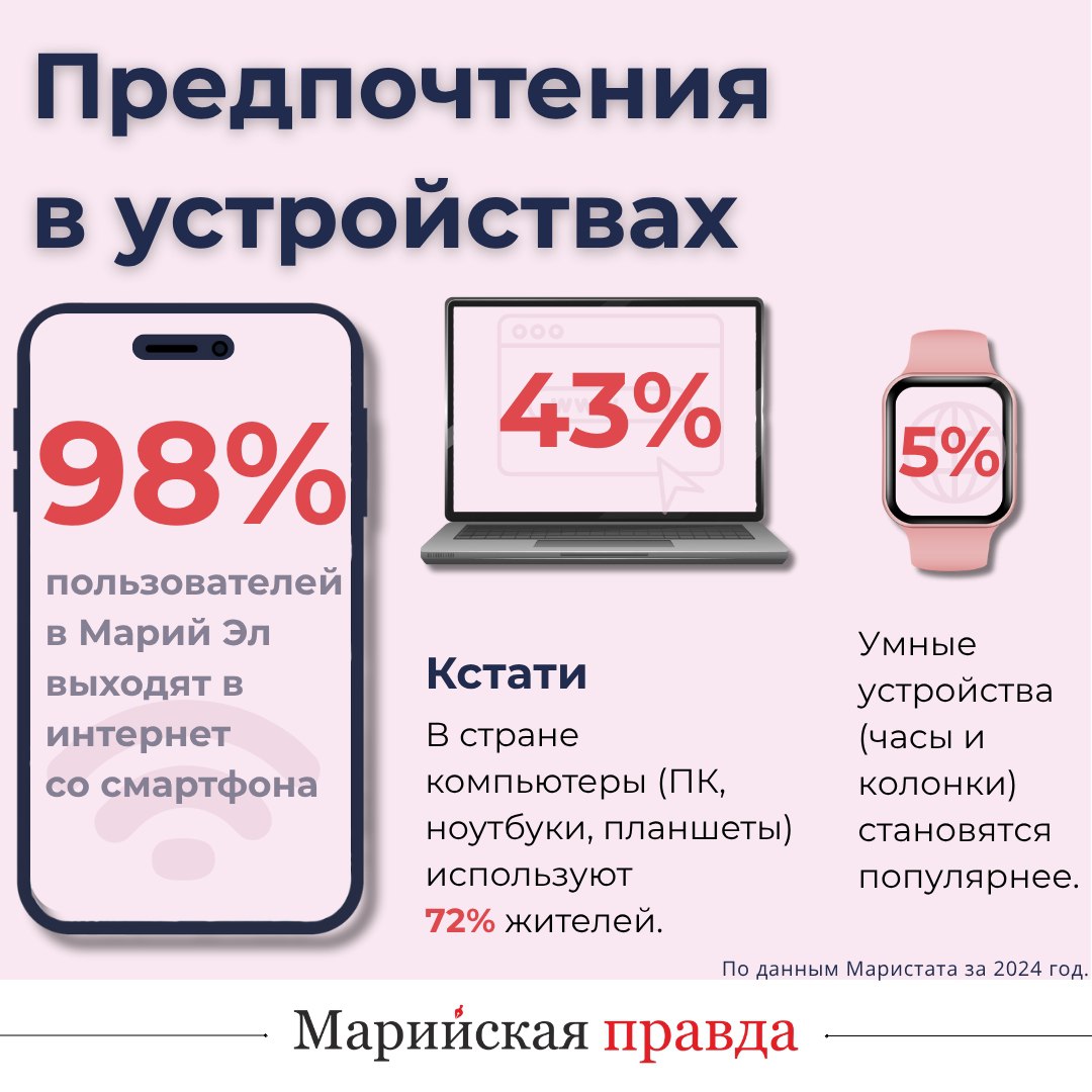 В Марий Эл, по данным за 2024 год, доступ в интернет есть у 86 процентов домашних хозяйств В Марий Эл, по данным за 2024 год, доступ в интернет есть у 86 процентов домашних хозяйств