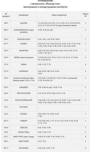 Автовокзал Йошкар-Олы опубликовал расписание движение транспорта на 2026 год