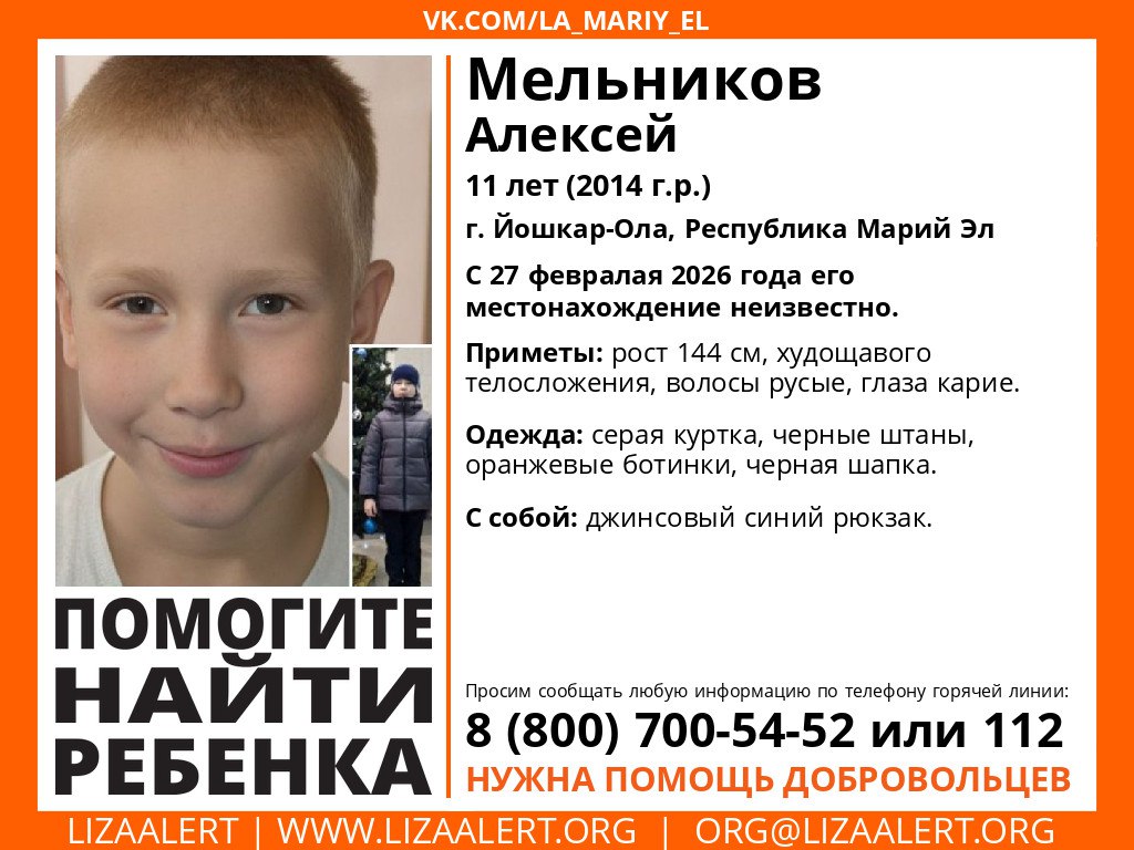 Внимание! Пропал ребенок!. Пропал #Мельников Алексей, 11 лет, г. #Йошкар-Ола, Республика Марий Эл