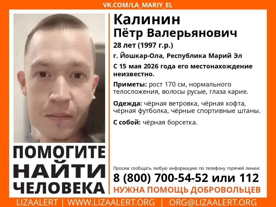 Добровольцы поискового отряда «ЛизаАлерт» и сотрудники полиции разыскивают в Марий Эл 28-летнего Петра Калинина