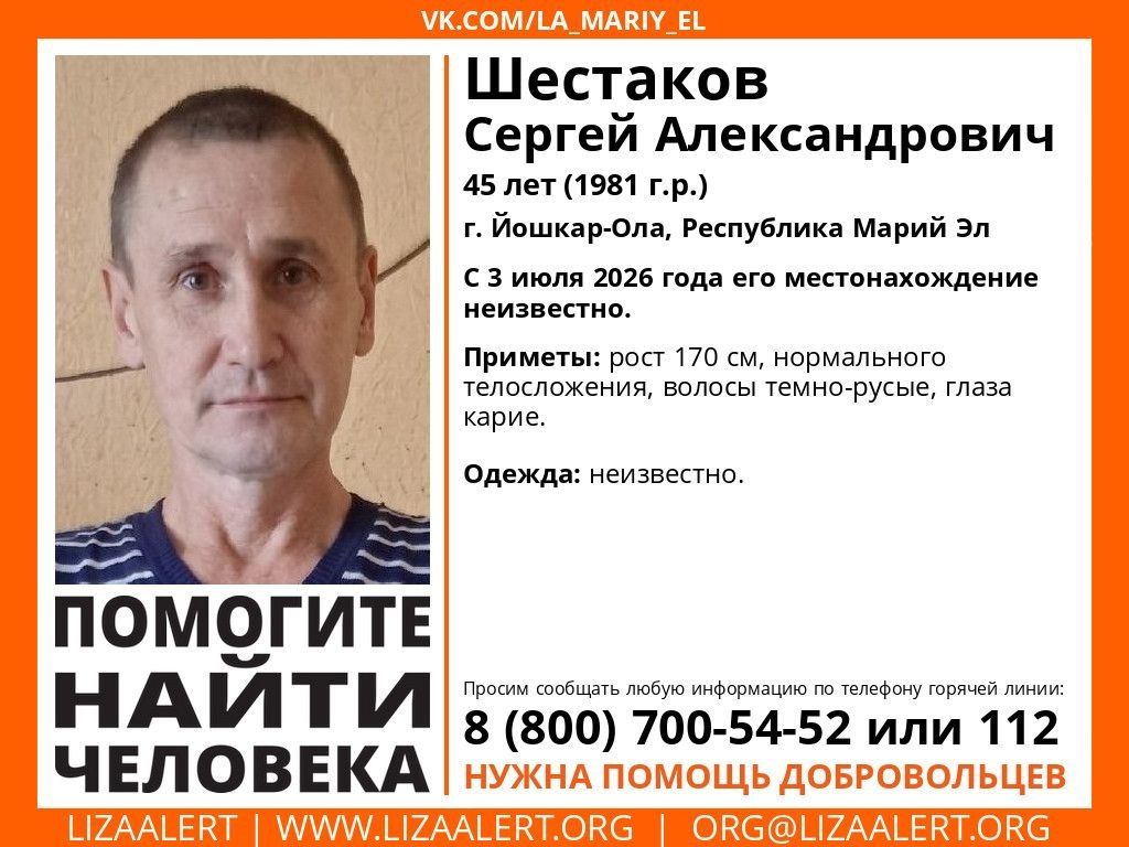 Внимание! Пропал человек!. Пропал #Шестаков Сергей Александрович, 45 лет, г. #Йошкар_Ола, Республика #Марий_Эл