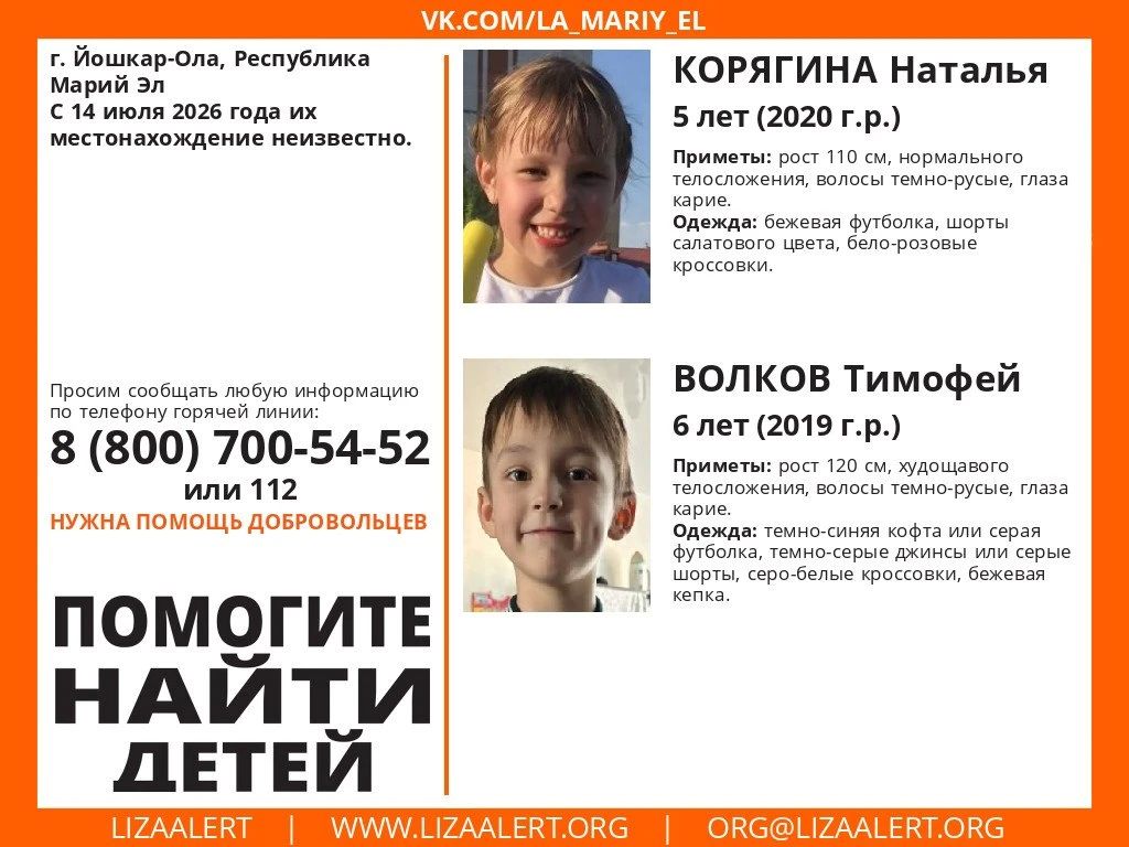 Внимание! Пропали дети!. Пропали #Корягина Наталья, 5 лет, #Волков Тимофей, 6 лет, г. #Йошкар_Ола, Республика #Марий_Эл
