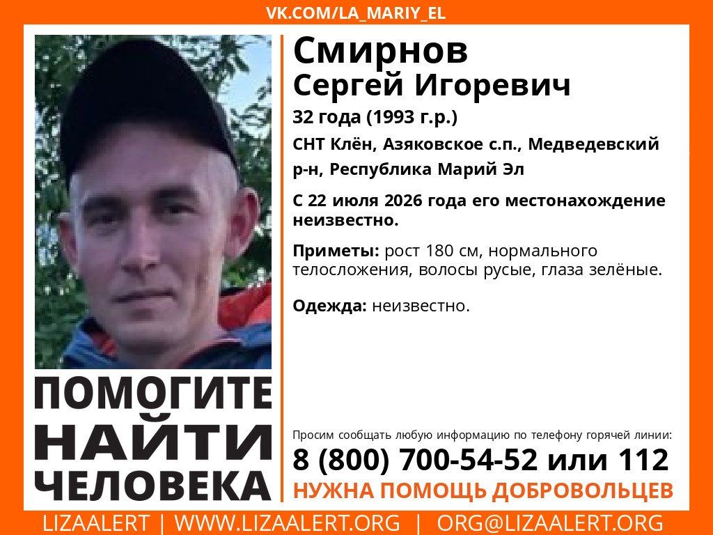 Внимание! Пропал человек!. Пропал #Смирнов Сергей Игоревич, 32 года, СНТ #Клён, #Азяковсикое с.п., #Медведевский р-н, Республика #Марий_Эл
