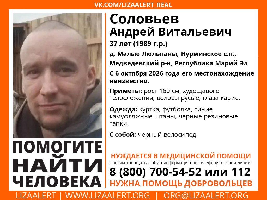 Внимание! Пропал человек!. Пропал #Соловьев Андрей Витальевич, 37 лет, д. #Малые_Люльпаны, #Нурминское с.п., #Медведевский р-н, Республика Марий Эл
