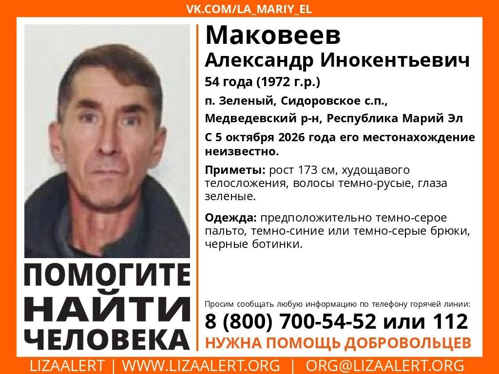 Внимание! Пропал человек!. Пропал #Маковеев Александр Инокентьевич, 54 года, п. #Зеленый, #Сидоровское с.п., Медведевский р-н, Республика #Марий_Эл
